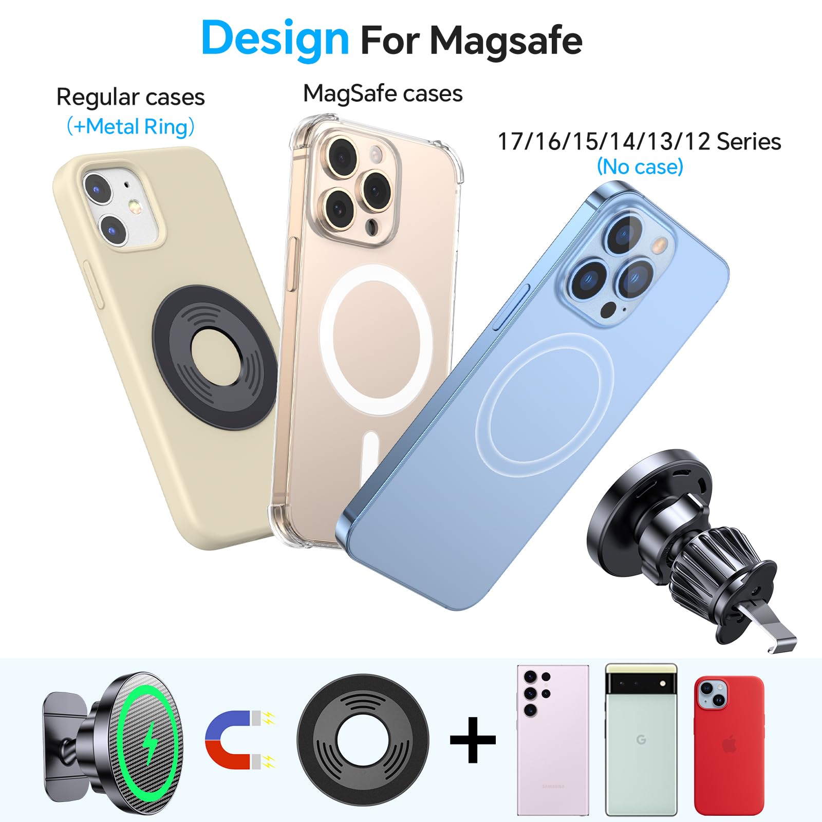 Coolpow Cargador de coche Magsafe 100% estable: cargador de coche Magsafe de 15 W, soportes magnéticos para tu coche, accesorios para mujeres, hombres, soporte de teléfono de coche, cargador