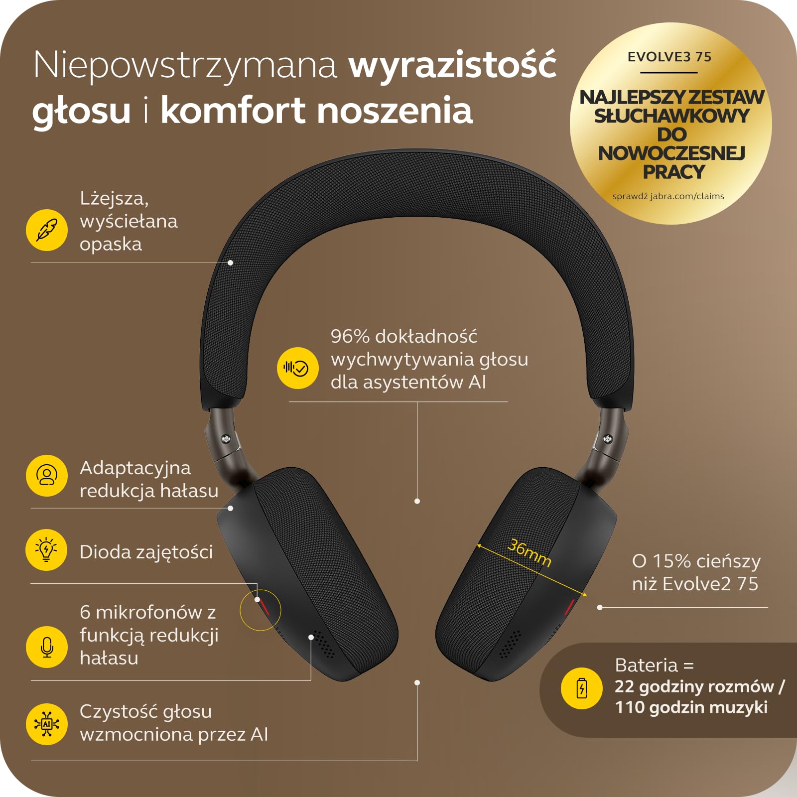 Jabra Evolve3 75 Bezprzewodowy Zestaw Słuchawkowy Bluetooth On-Ear, Czarny | Z mikrofon, USB-C, AI Połączenia, Zaawansowana ANC, 22h Bateria, do Online Meeting Apps