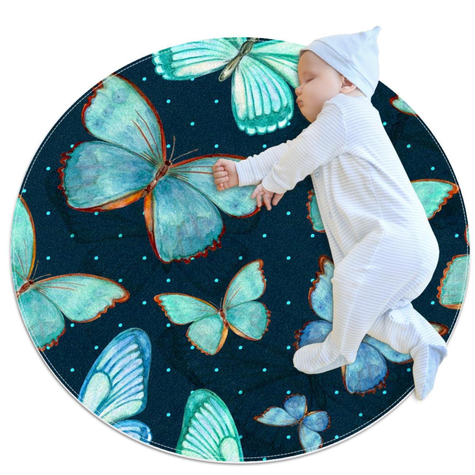 Tapis de salle de bain papillon bleu rond 1m antidérapant pour chambre