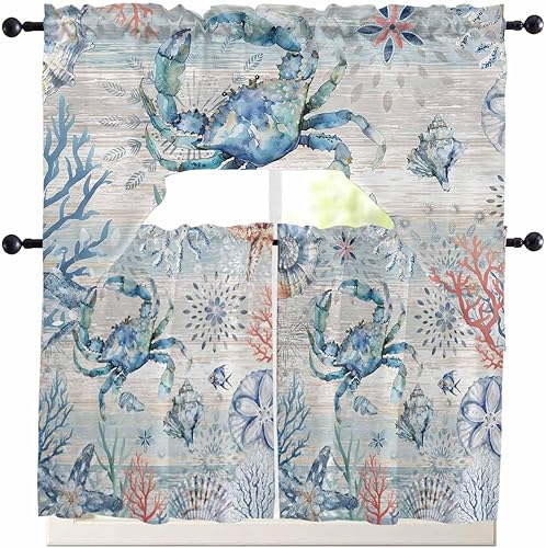 Miniatura 13 de Cortinas de cocina con cenefa de cangrejo oceánico, cenefa con bolsillo para barra, paneles de cortina para dormitorio, sala de estar, baño,