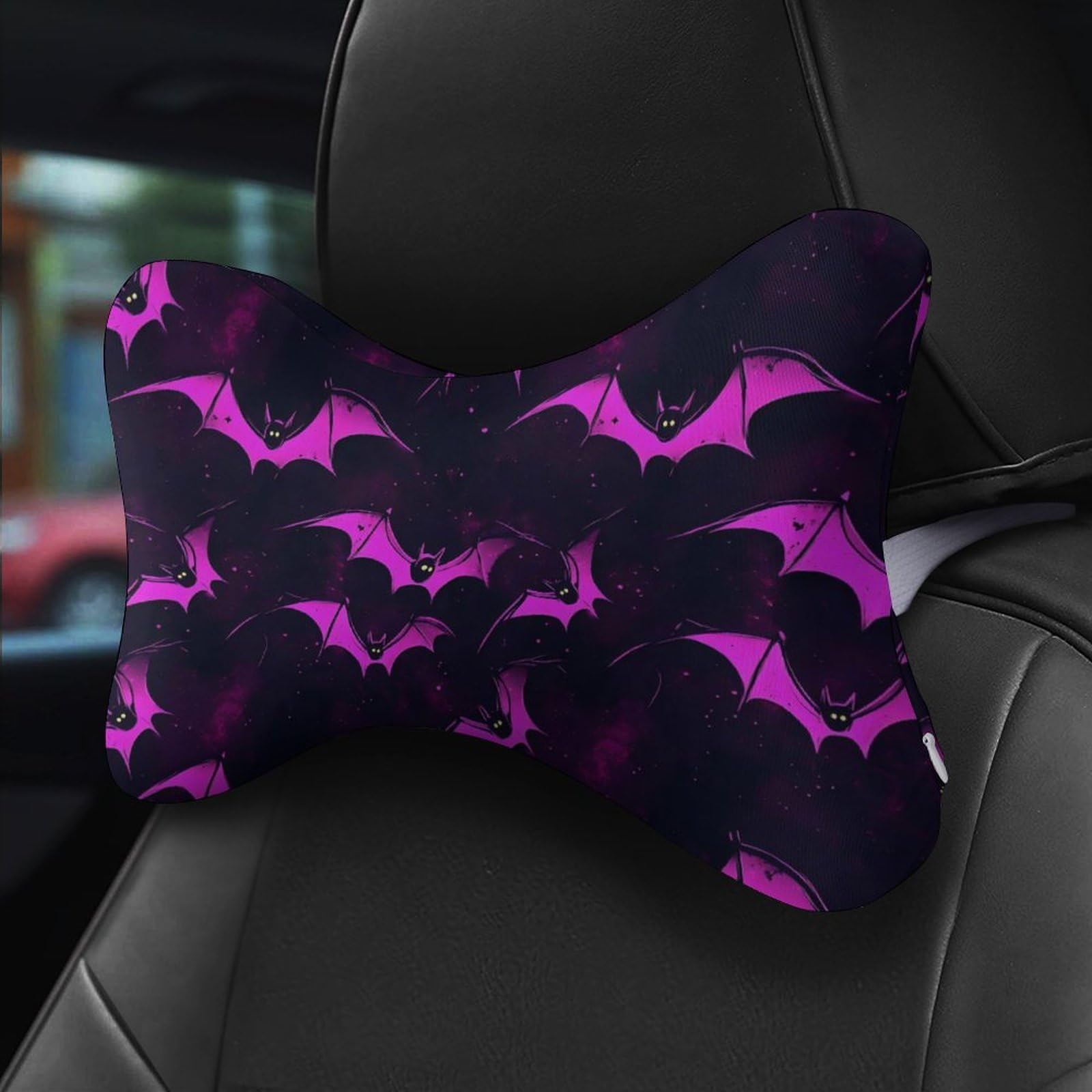 SMAZDFXX Halloween Purple Bat Car Neck Pillow Set of 2 Car Seat Head Support Cushion Bone Pillows with Elastic Strap