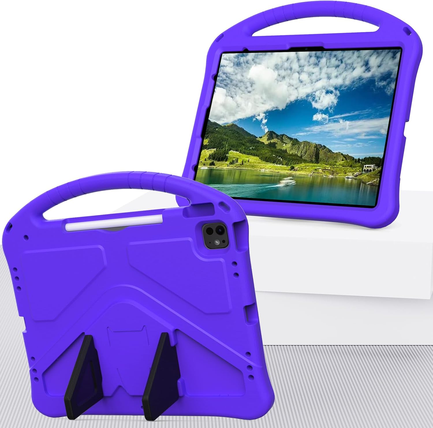 Kids Case for Apple iPad Air 13 M4 M3 M2 2026 2025 2024/ iPad Pro 13 M5 M4 2025 2024/ Pro 12.9" 2022/2021/2020/2018, EVA Shockproof Handle Kickstand Lightweight Cover with Shoulder Strap, Purple