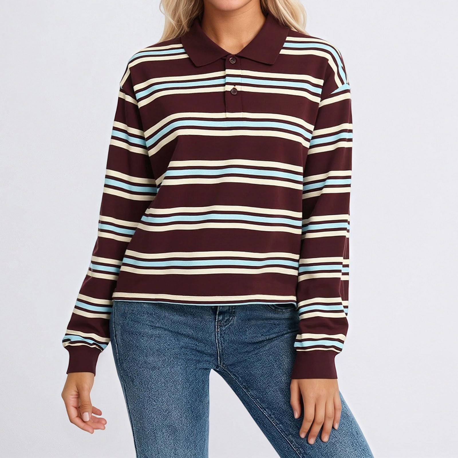 Polo da donna a righe, a maniche lunghe, con bottoni, vestibilità normale, a maniche lunghe, con spalle sovrapposte