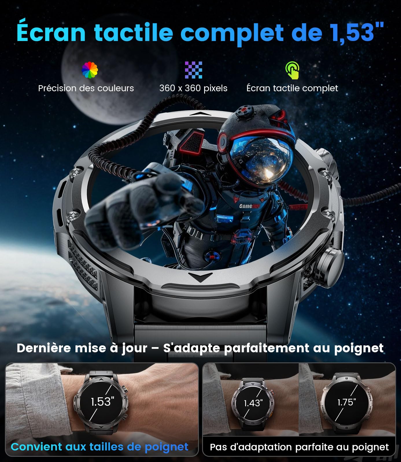 FITFLEX Montre Connectée Homme avec Appel Bluetooth, 1.53" HD Smartwatch avec Batterie 1000 mAh(60+Standby Zeit)/Lampe de Poche/120+ Sportifs/Sommeil, IP68, Fitness Montre Connecté iOS Android | Écran AMOLED HD 1,53", batterie 1000 mAh, appels Bluetooth,