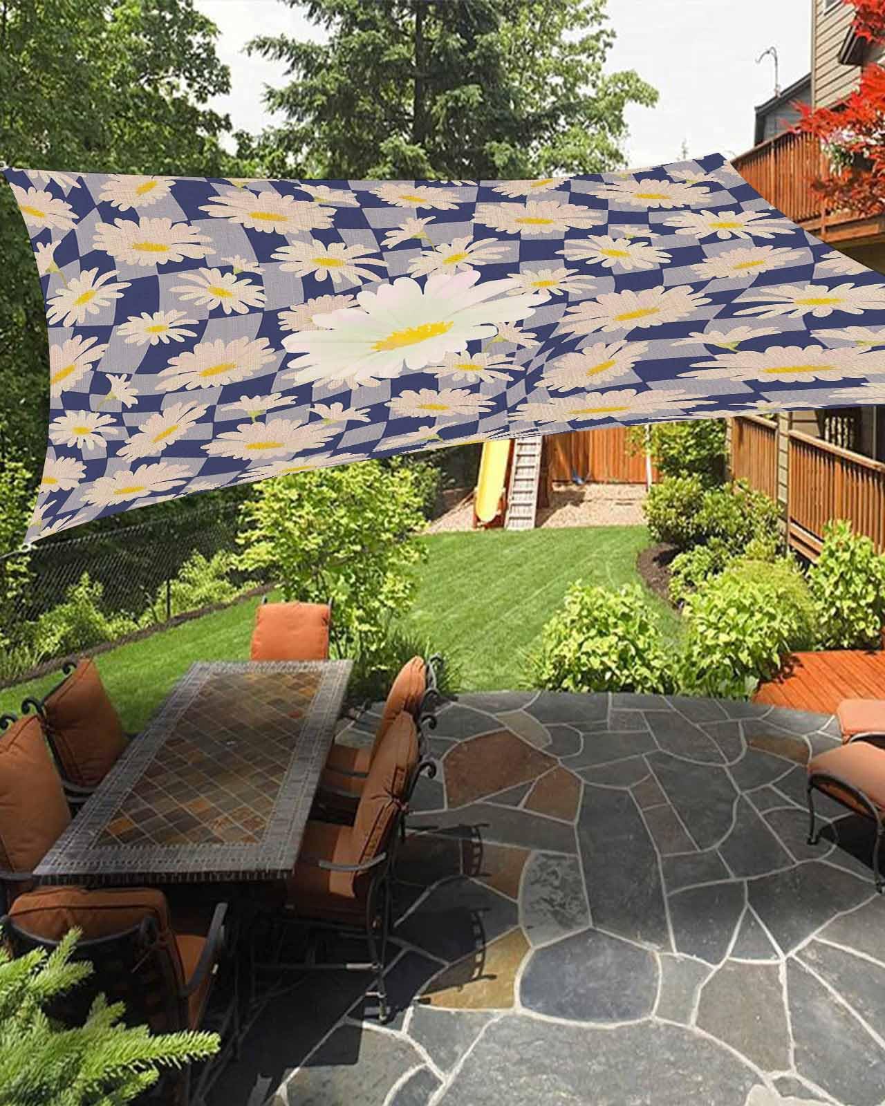 Boanket Sun Shade Sail 12' x 16', Spring Floral Sun Blocking Shades Privacy Outdoor Covering, Summer Daisy Botanical Rustic Blue Checkered Shade Cloth for Patio Deck Garden Lawns Beach Backyard