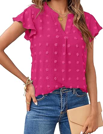 Swiss Dot Lace Trim Flutter Sleeve V-Neck Blouse
