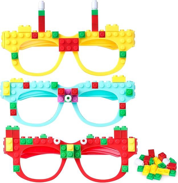 Fowecelt Building Blocks Glasses Kits: Building Blocks Party Bag Fillers for Kids Birthday Party, DIY Creative Eyeglasses Toys for Kids Party Favour, Funny Party Glasses Decoration