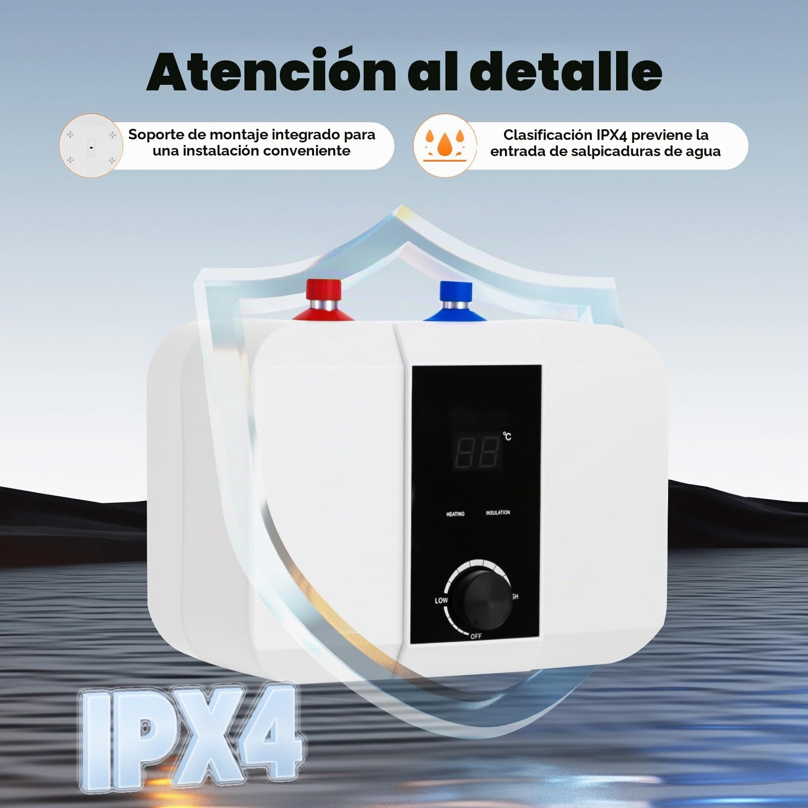 Caldera pequeña de 6 l, resistente a la presión, 1500 W, para cocina con pantalla LED, pequeño almacenamiento debajo de la mesa para el uso bajo fregaderos de cocina y lavabos