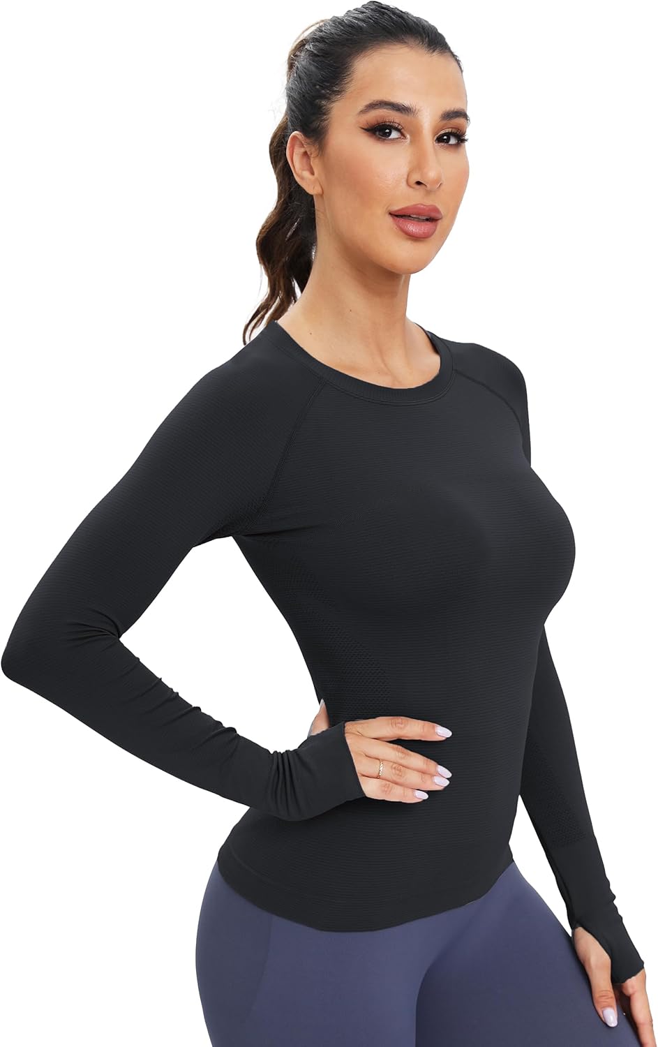 MathCat Workout Seamless Shirts for Women Long-Sleeved Yoga Running Breathable Thumb Holes Tops - Image 3