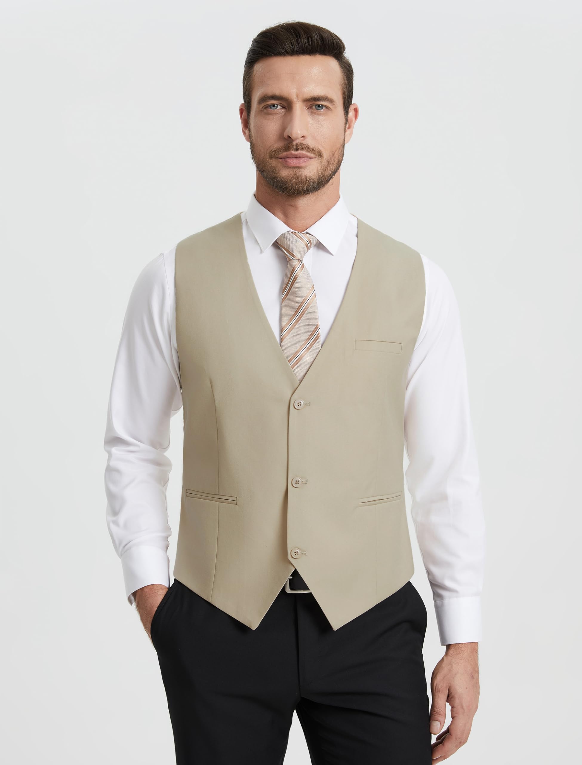 HISDERN Chaleco Traje Hombre Elegante Formal Clásico Color Liso Ajustable Chalecos de Vestir Hombre con 3 Botones Bolsillo para Boda Ceremonias Fiesta Negocio Eventos Regular Fit S-4XL