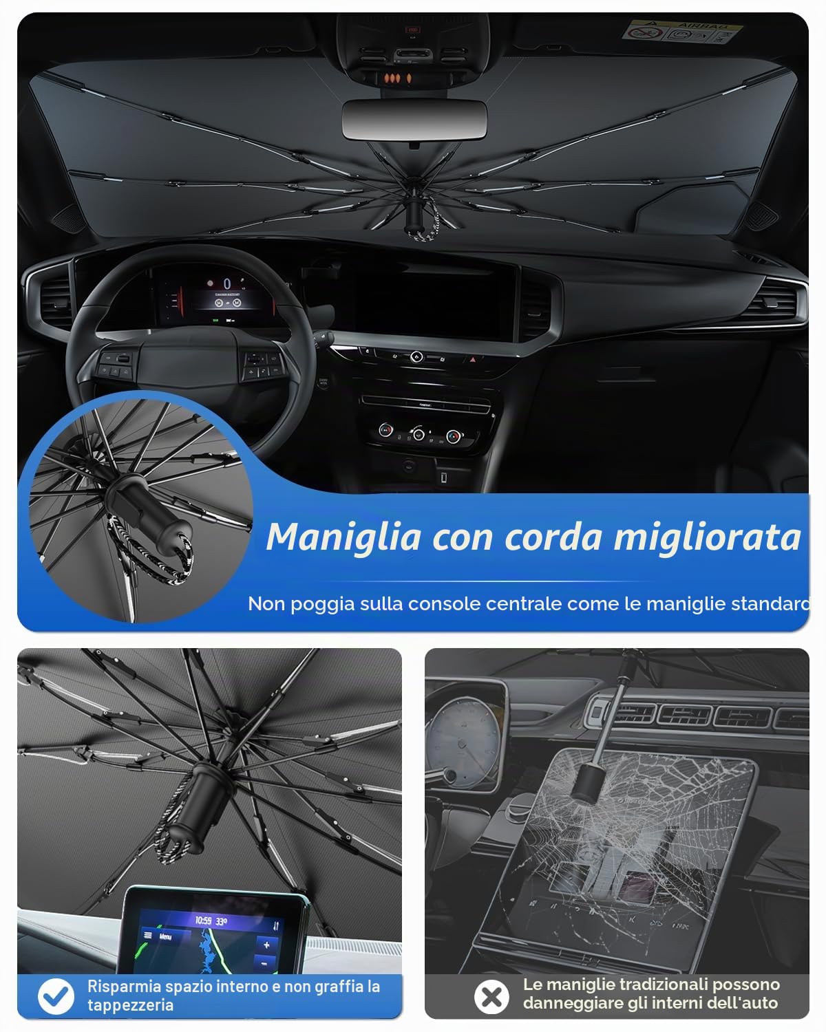 SHAOHAO Compatibile con Opel Mokka B/Opel Mokka E 2021-2026 Parasole per auto Parasole per parabrezza Facile da riporre Maniglia con cordino Protezione UV Accessori parasole