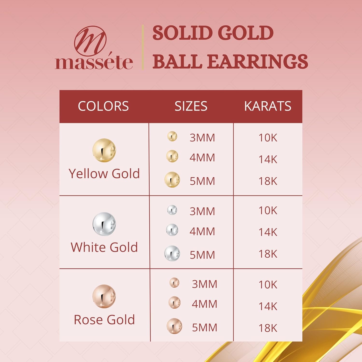 MASSETE Gold Ball Stud Earrings for Women and Girls Screwback | 10k, 14k, 18k | White Yellow or Rose Gold | 3mm 4mm 5mm | Nickel Free