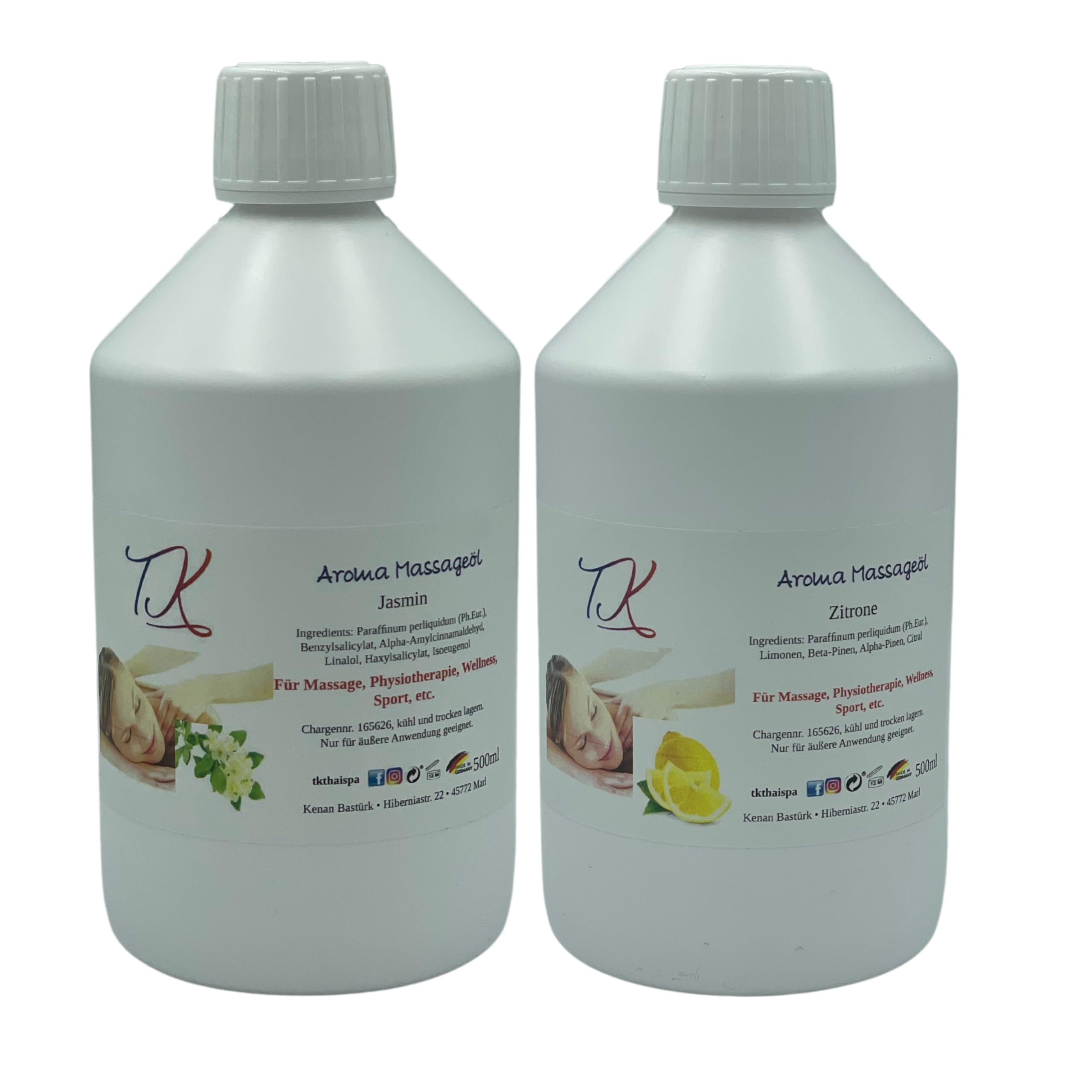 Lot de 9 huiles de massage aromatiques (2 x 500 ml) pour massage, physiothérapie, bien-être, sport, etc. Qualité pharmaceutique (1000 ml, jasmin et citron)
