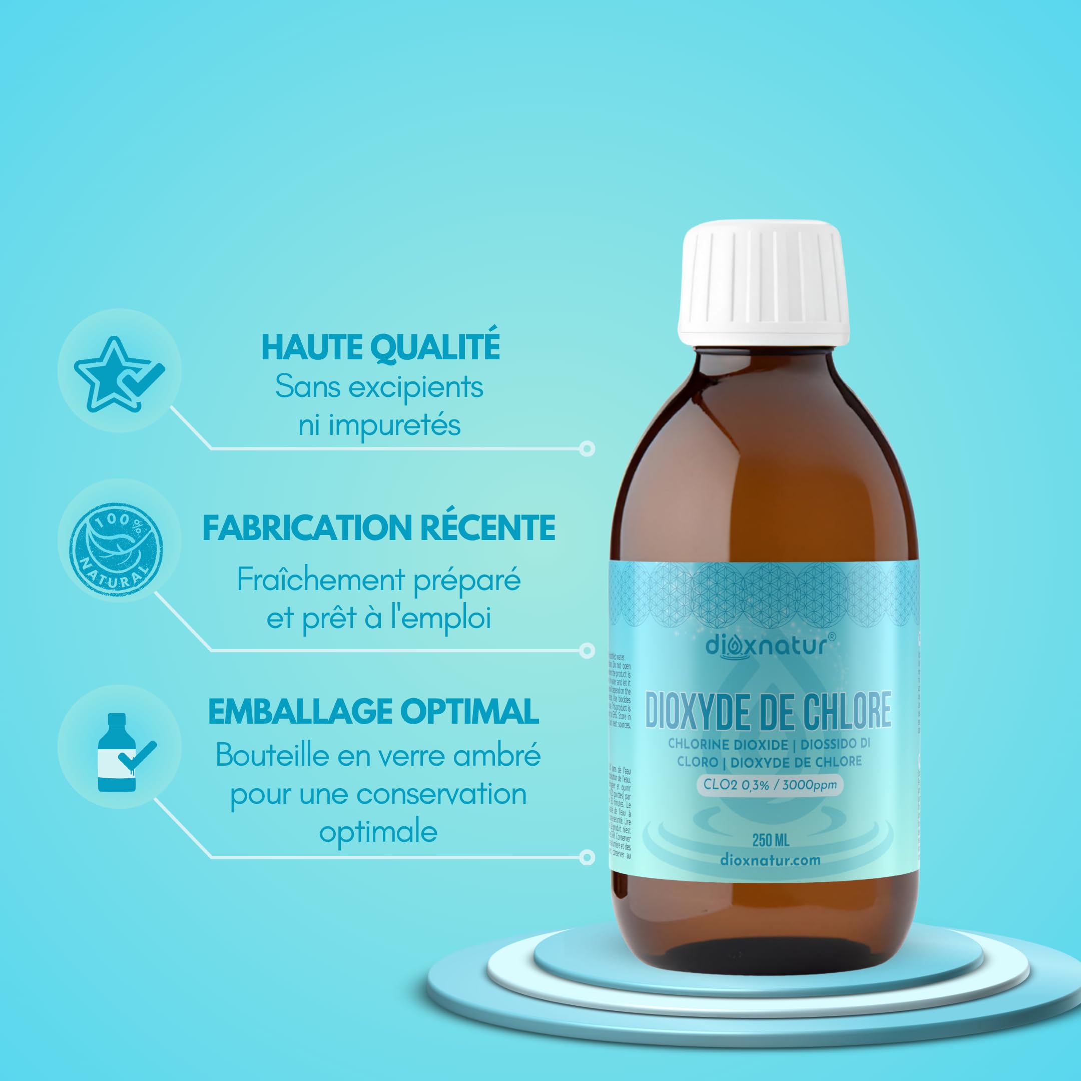 Dioxyde de chlore 3000 ppm CDS 250 ml. Seringue de 10 ml incluse. Étiquette FR. Bouteille en verre ambré avec compte-gouttes