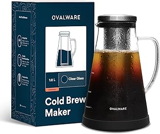 ovalware Airtight Cold Brew Iced Coffee Maker and Tea Infuser with Spout - 1.0L / 34oz RJ3 Brewing Glass Carafe with Removable Stainless Steel Filter