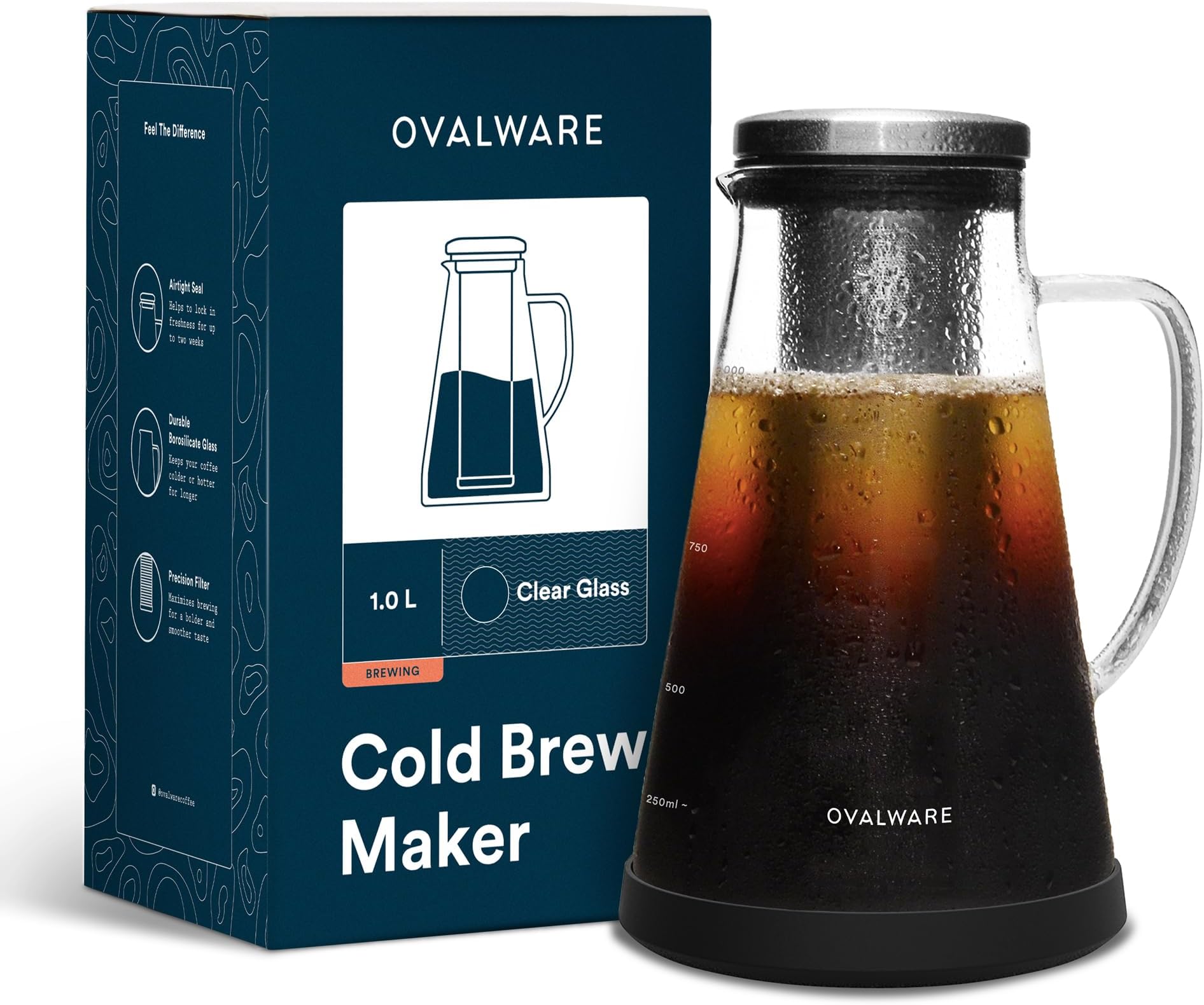 ovalware Airtight Cold Brew Iced Coffee Maker and Tea Infuser with Spout - 1.0L / 34oz RJ3 Brewing Glass Carafe with Removable Stainless Steel Filter