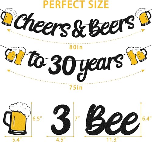 Miniatura 2 de OKUSUN Decoraciones de cumpleaños de 30 años con texto en inglés "Cheers to 30" 30 Years 30s Birthday for Men Women 30th Birthday Black Glitter