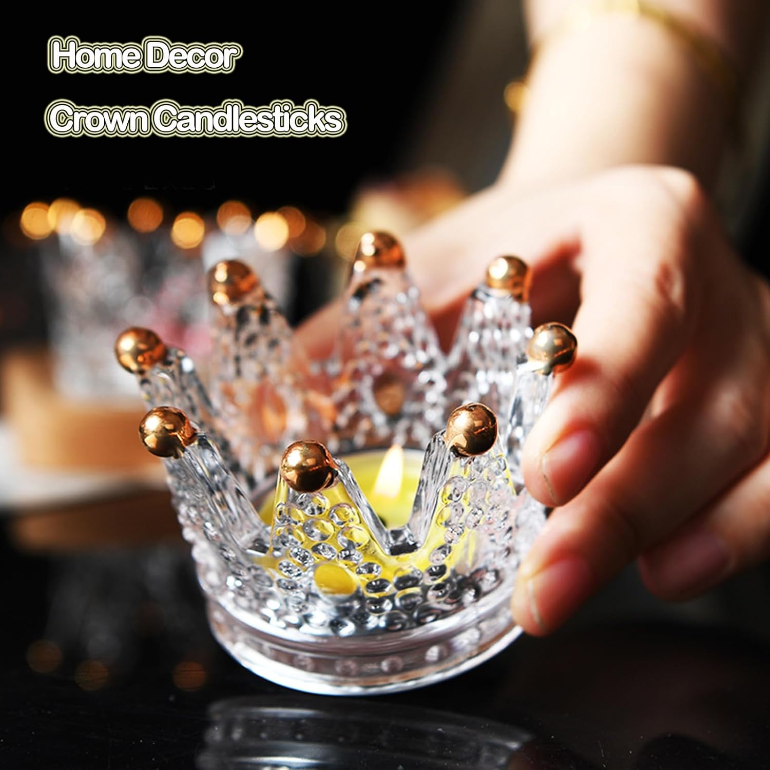 Crown Votive Candle Holders, Glass Jewelry Ring Decor Holder, Gold 2Pcs