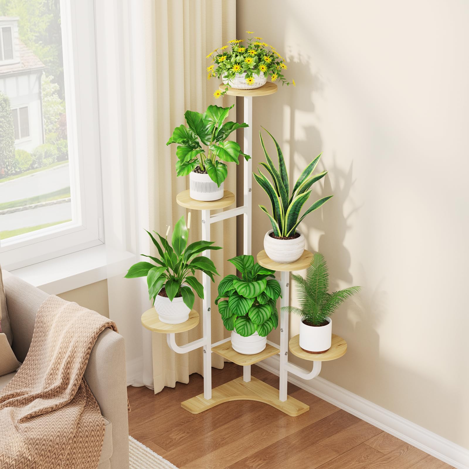 Homsorout Soporte esquinero para plantas con luz de crecimiento, soporte para plantas de 6 niveles, estante redondo de metal con luz ajustable, organizador de plantas para sala de estar, jardín