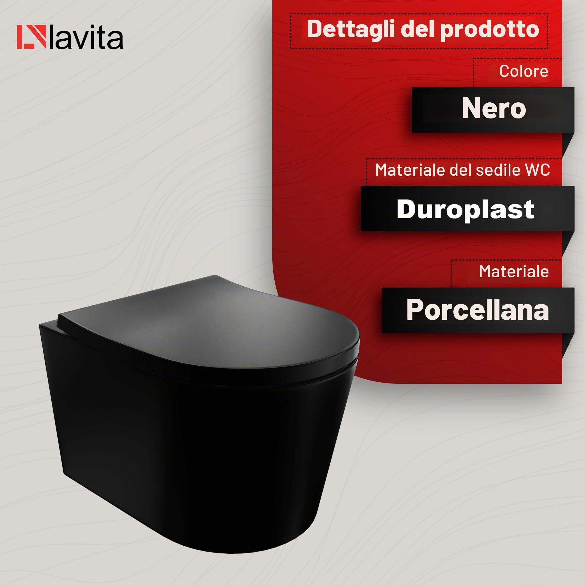 LAVITA WC da parete Versoni Black, coperchio per WC con abbassamento automatico e cerniere in metallo, WC sospeso, sistema di risciacquo Tornado 2.0, nero