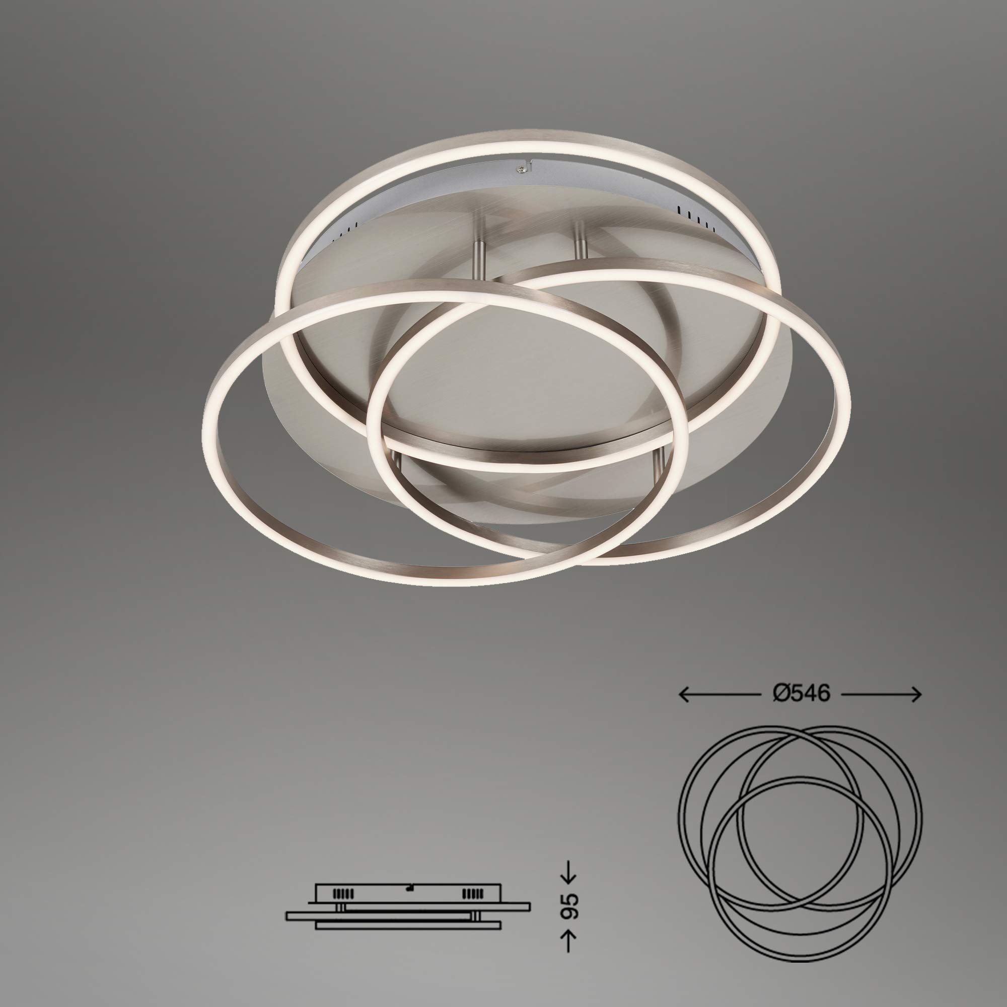 BRILONER Leuchten - LED Deckenleuchte, Deckenlampe dimmbar, inkl. Memoryfunktion, 60 Watt, 4.800 Lumen, 3.000 Kelvin, Matt-Nickel, 546x100mmm (DxH), 3248-012