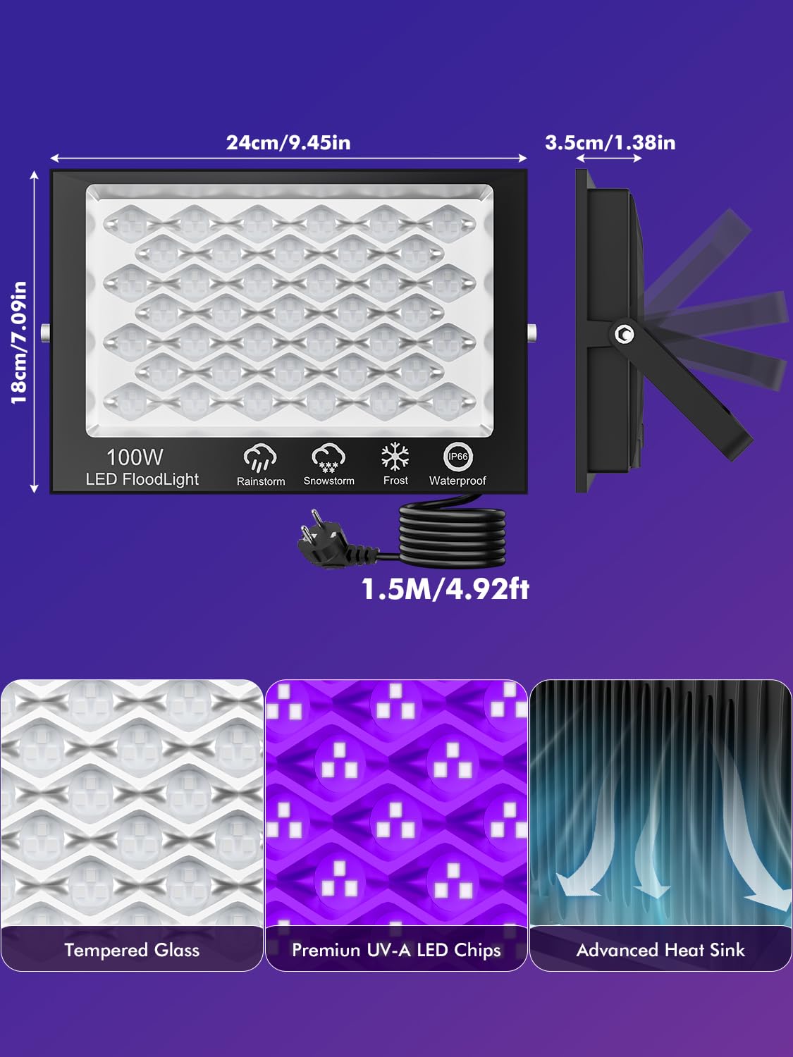 Luce Nera UV 100W,390-400nm Potente Faretto UV LED con Interruttore,Faro Ultravioletta con 1.5M Spina,IP66 Impermeabile Faro UV,Lampada UV per Festa Glow Fluorescente Halloween Party