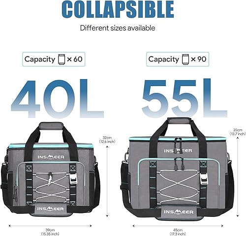 Miniatura 7 de INSMEER Bolsa térmica térmica térmica grande de 90 latas/55 L, enfriador de lados suaves con correa para el hombro, enfriadores plegables, enfriador