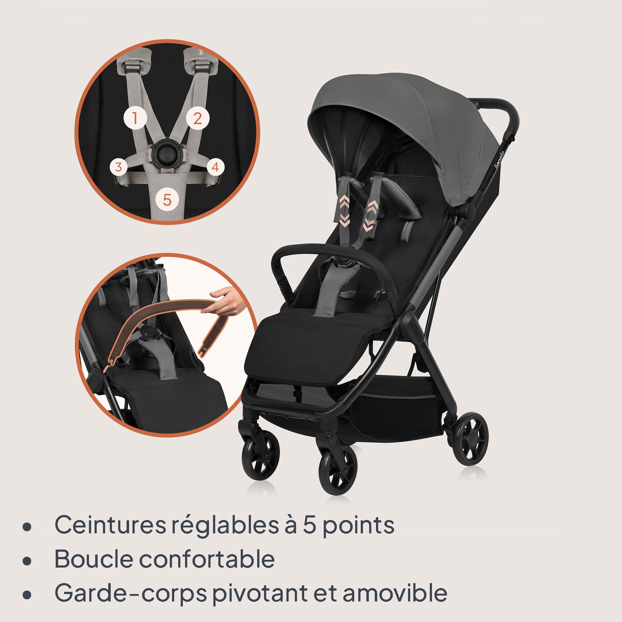 LIONELO Julie Air Poussette Canne jusqu'à 22 kg de 6 m à 4 ans Pour Avion Roues pivotantes à 360 ° Suspension Pliage avec Une Main Réglage du Dossier Canopy UPF50+, Légère (Grey)