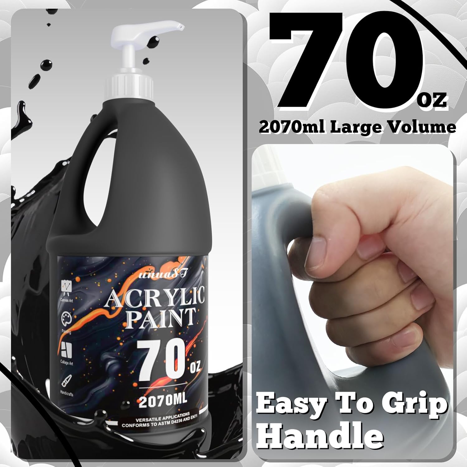 Black Acrylic Paint 70oz, Acrylic Paint Black for Multi Surface, Rich Art Painting Supplies for Artists & Beginners with Pump, Brush (2070 ml, 0.55 Gallon)