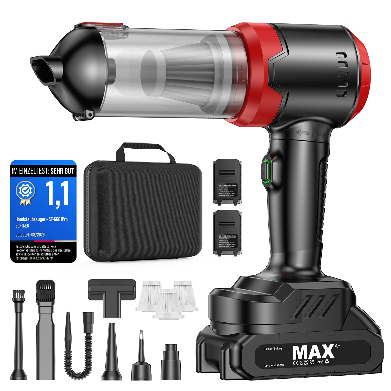 Handstaubsauger Akku, 28000Pa 4-in-1 Testsieger Autostaubsauger Kabellos | Auto Staubsauger Stark mit 1‑Knopf‑Selbstentleerun, 7500 mAh*2 Akku, Mini Staubsauger für Tierhaare, Auto, Haushalt(Schwarz)