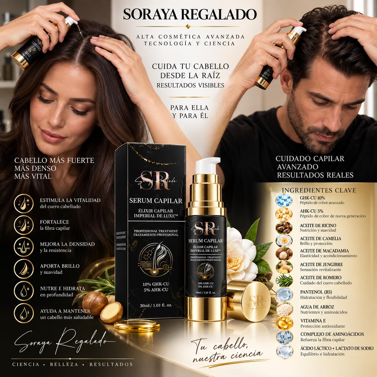 ÉLIXIR CAPILAR IMPERIAL DE LUXE de Soraya Regalado | Sérum Capilar con Péptidos de Cobre GHK-Cu y AHK-Cu, Aminoácidos, Pantenol y Aceites Botánicos | Cuidado del Cuero Cabelludo y Cabello | 30 ml