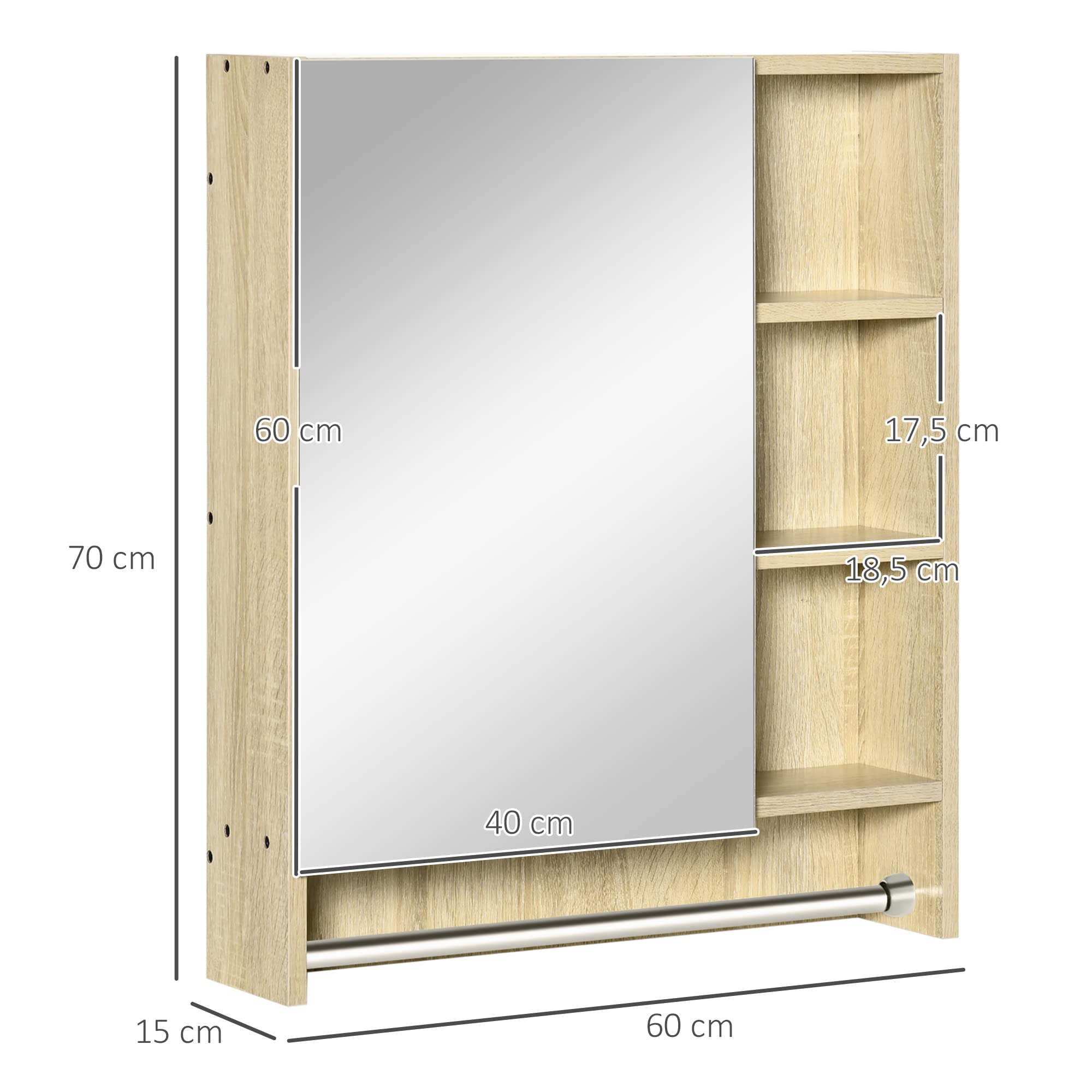 kleankin Armario de Baño con Espejo Armario de Pared con 1 Puerta Estante Ajustable Toallero y Compartimento Mueble de Baño Colgante para Salón 60x15x70 cm Roble