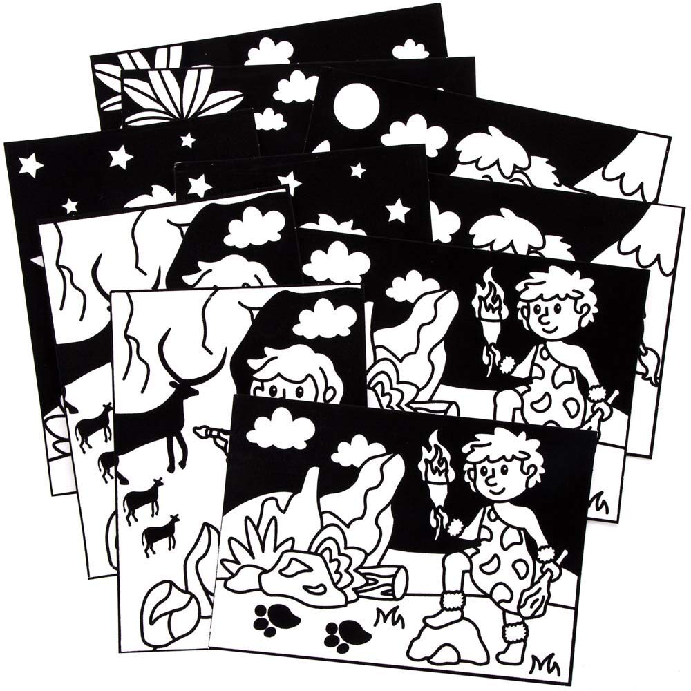 Baker Ross FE467 Stone Age Colour-in Pictures - Pack of 10, Make Your Own Picture Crafts, Craft Set for Children to Decorate, Creative Activities for Kids