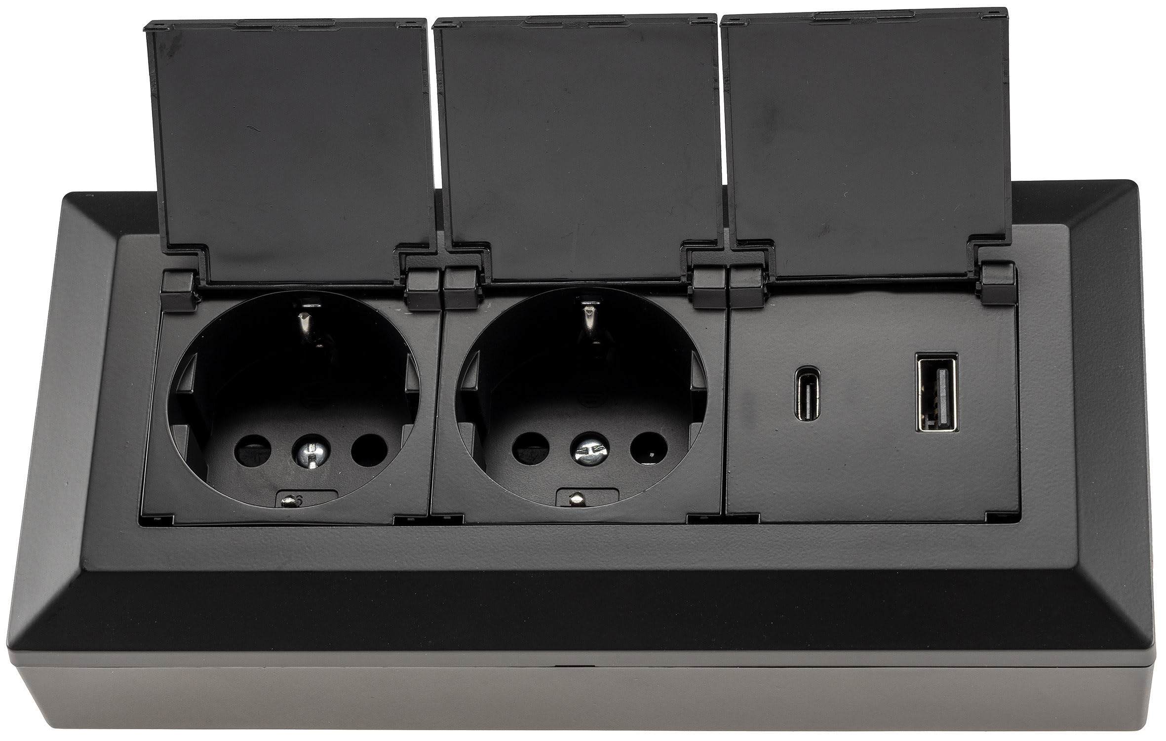 Blocco prese Presa multipla a 2 vie con coperchio incernierato USB-A USB-C PD Presa 230V per cucina ufficio officina nero