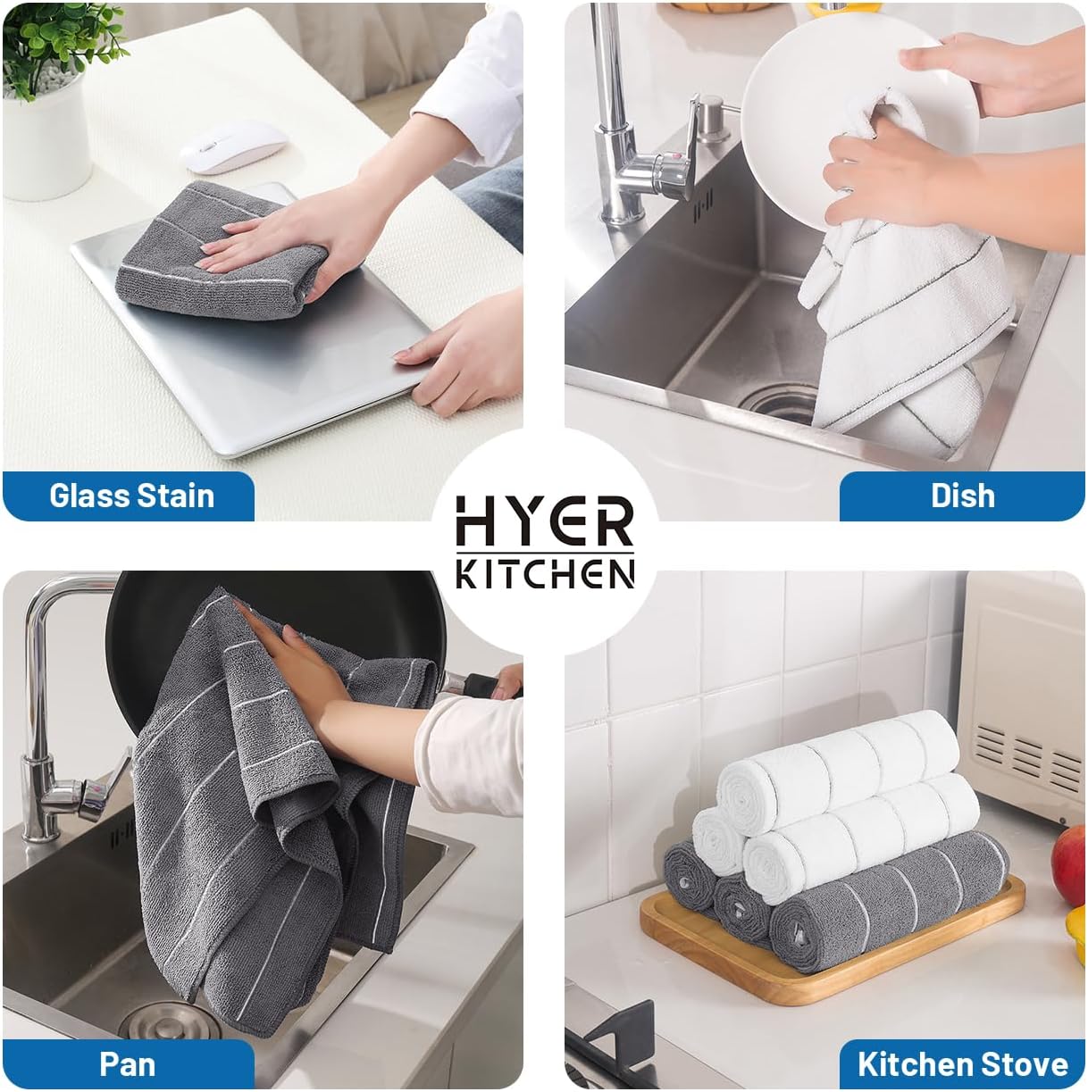 Premium Kitchen Towels - Super Absorbent, Soft and Thick Dish Hand Towels, 4 Pack Dish Towels, 26 x 16 Inch, Grey and White