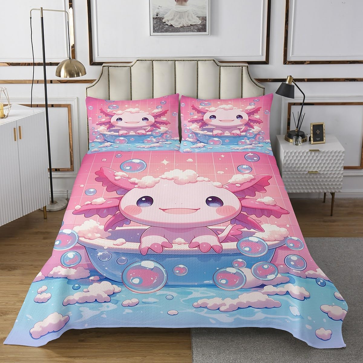 Cartoon Salamander Bedding Set Queen Size,Underwater Animals Bedspread Colorful Coral Comforter Set for Kids Girls Boys Teens Room Decor,Cute Pink Axolotl Quilt Coverlet,2 Pillowcases