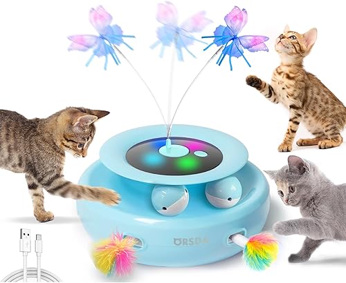 ORSDA Juguete para gatos, juguete interactivo electrónico automático 3 en 1 con plumas de emboscada en movimiento, mariposa revoloteante, bolas de