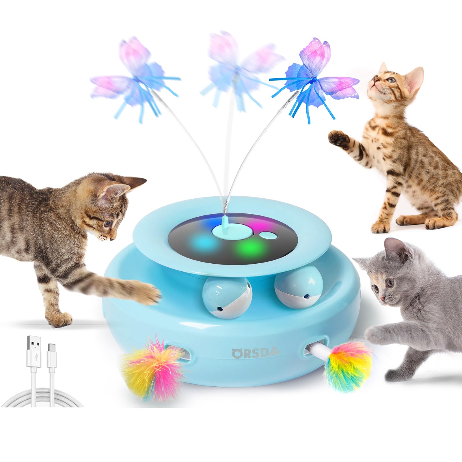 ORSDA Cat Toy, 3-in-1 Automatic Interactive Electronic Moving Ambush Feather, Fluttering Butterfly, Track Balls, USB Rechargeable Powered Smart Indoor Exercise Kicker