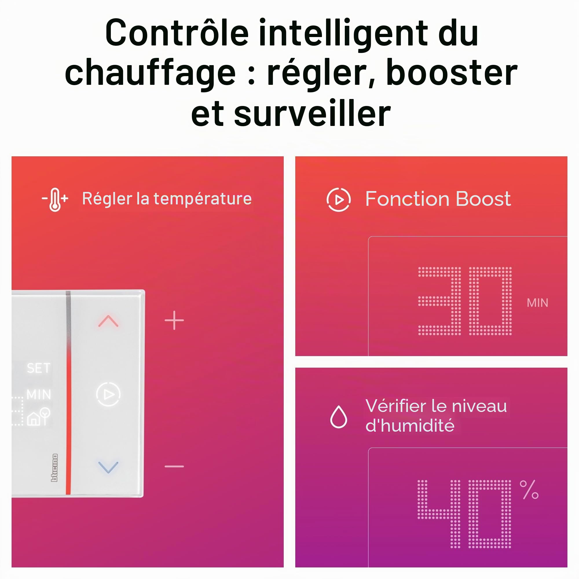 Bticino XW8002E, Thermostat Connecté WiFi, New Smarther2 with Netatmo, Couleur blanche, contrôle de la température (froid et chaleur) de la maison à distance ; intégré, 2 fils