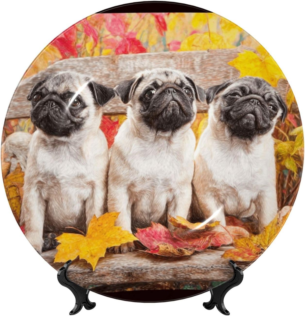 Decorative Plate 10in Bone China Dessert Plates with Display Stand Ceramic Ornament Ceramic puppys pug Decorative Plates Art Crafts Porcelain Plate for Home Club Living Room
