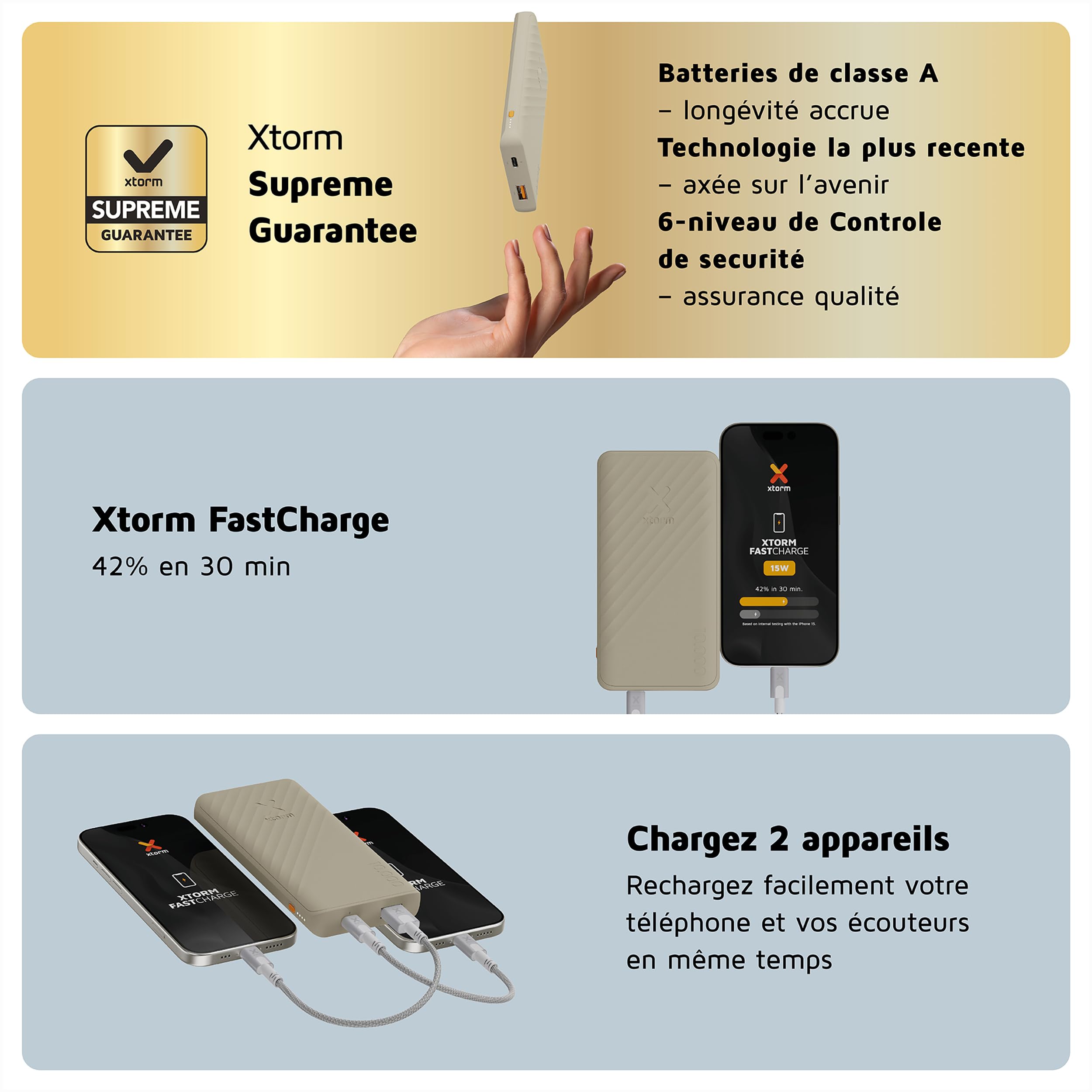 Powerbank Xtorm Go2-10 000 mAh - 1x USB-A, 1x USB-C - Batterie puissante - Charge Rapide pour Samsung et iPhone - Technologie Durable - Clay