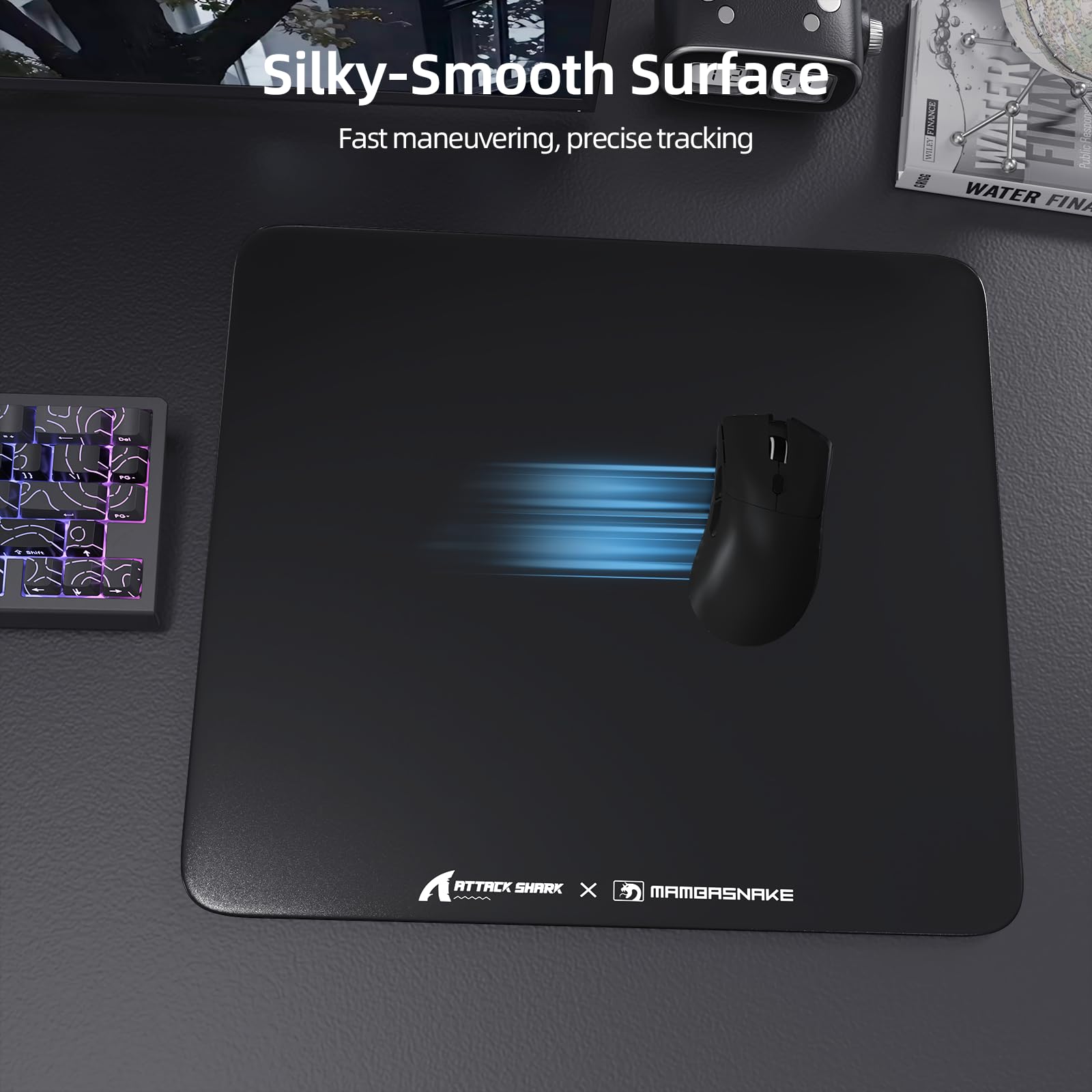 ATTACK SHARK CM05 Tapis De Souris en Verre Trempé, Surface Ultra Lisse, Verre Trempé 9H, 17.72 * 15.75 * 0.2inch, Résistant Aux Chocs, Faible Friction De Surface -Noir