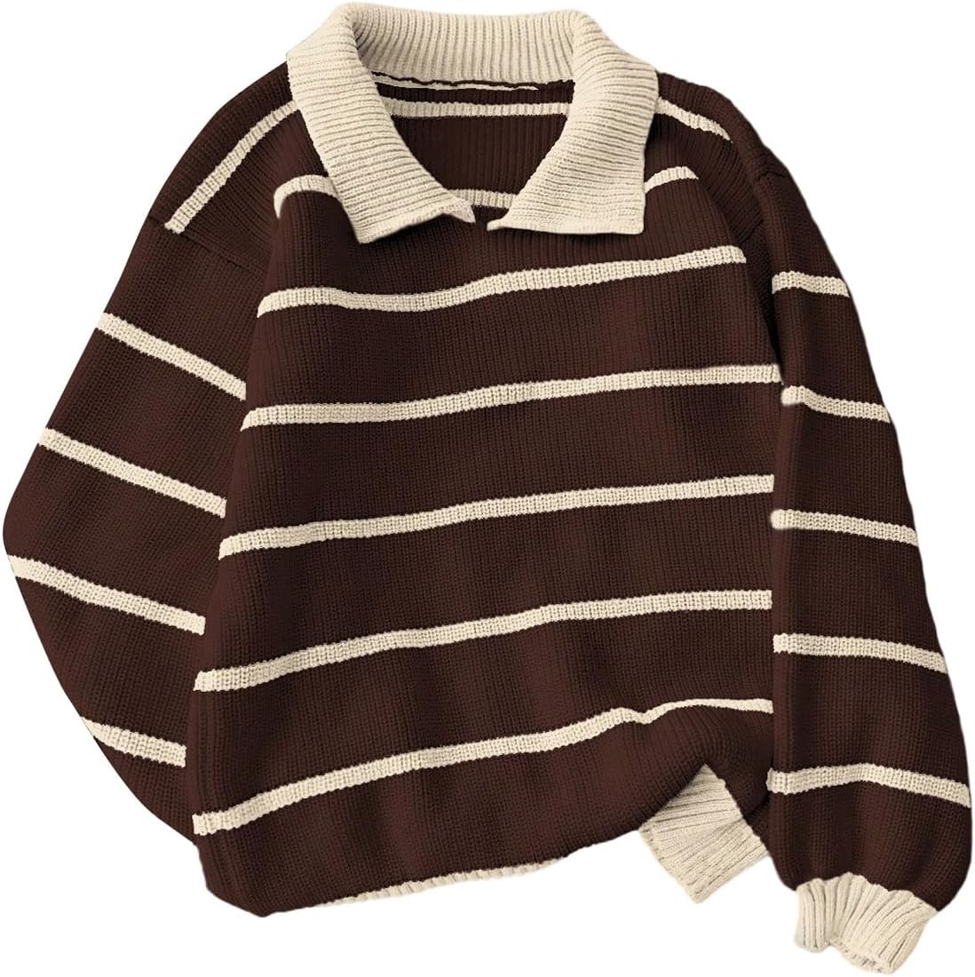 Floerns Women's Collared Striped Sweaters Preppy Oversized Knit Fall Pullover Sweater