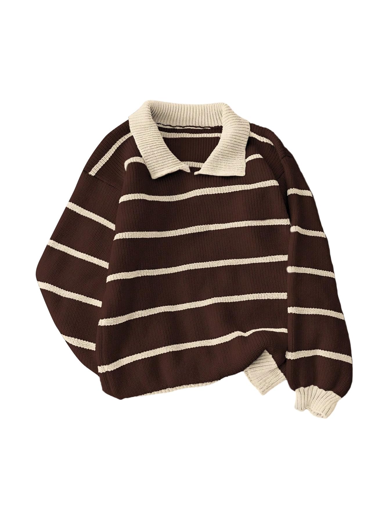 Floerns Womens Collared Striped Sweaters Preppy Oversized Knit Fall Pullover Sweater