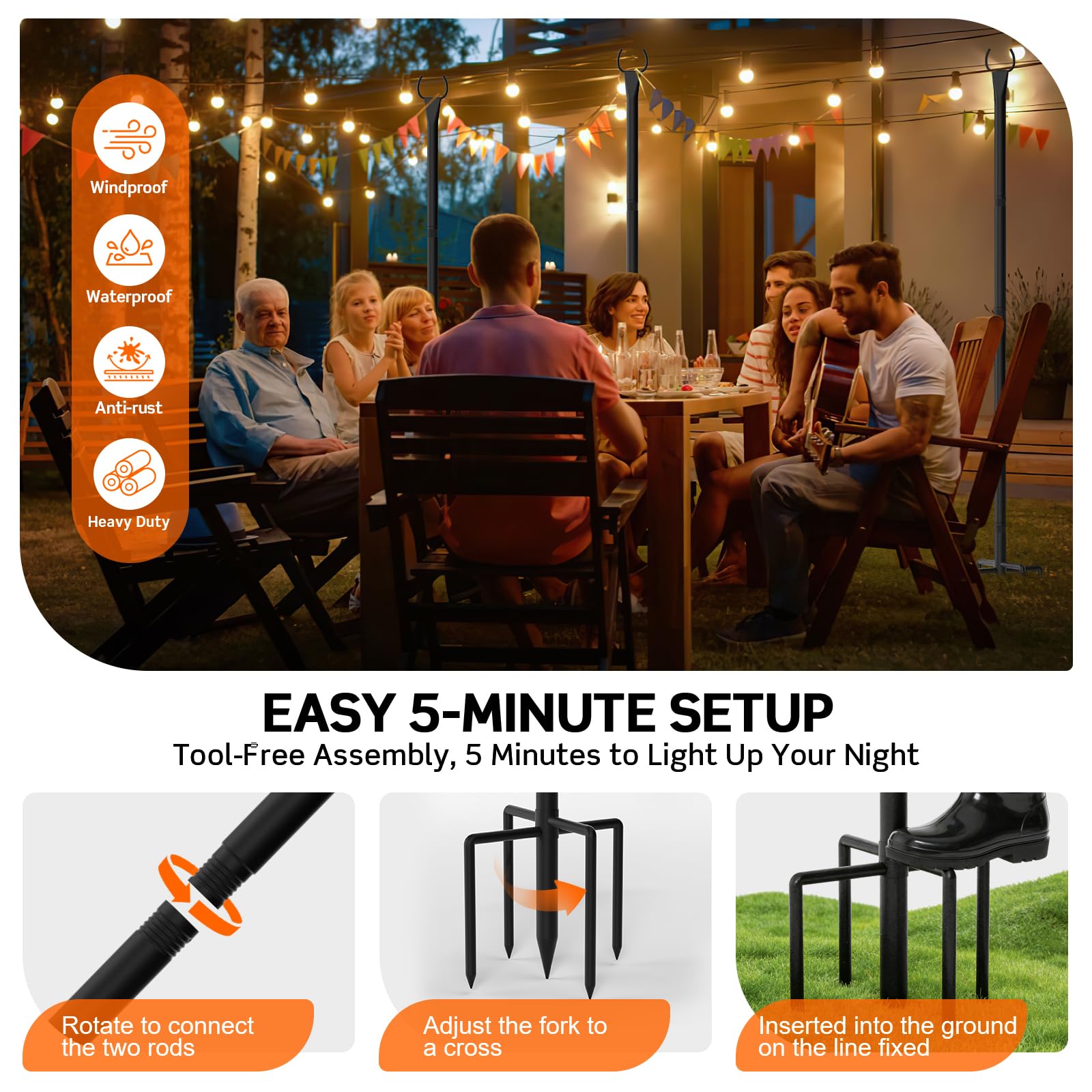 Postes de luz para exteriores, postes de 3 m para exteriores, para cadena de luces, poste de luz de base escalonado resistente de 5 clavijas para patio, jardín, decoración de bodas y fiestas