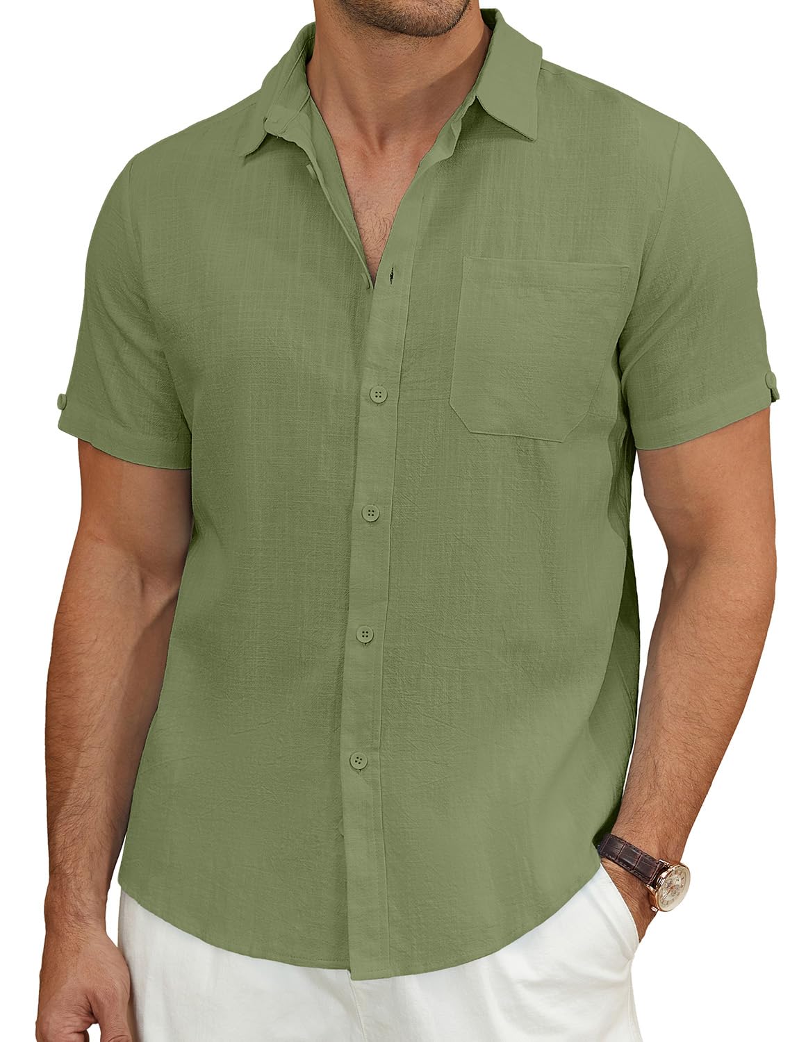 Linvich Men's Casual Cotton Shirt Short Sleeve Button Up Soft Summer Beach Shirt