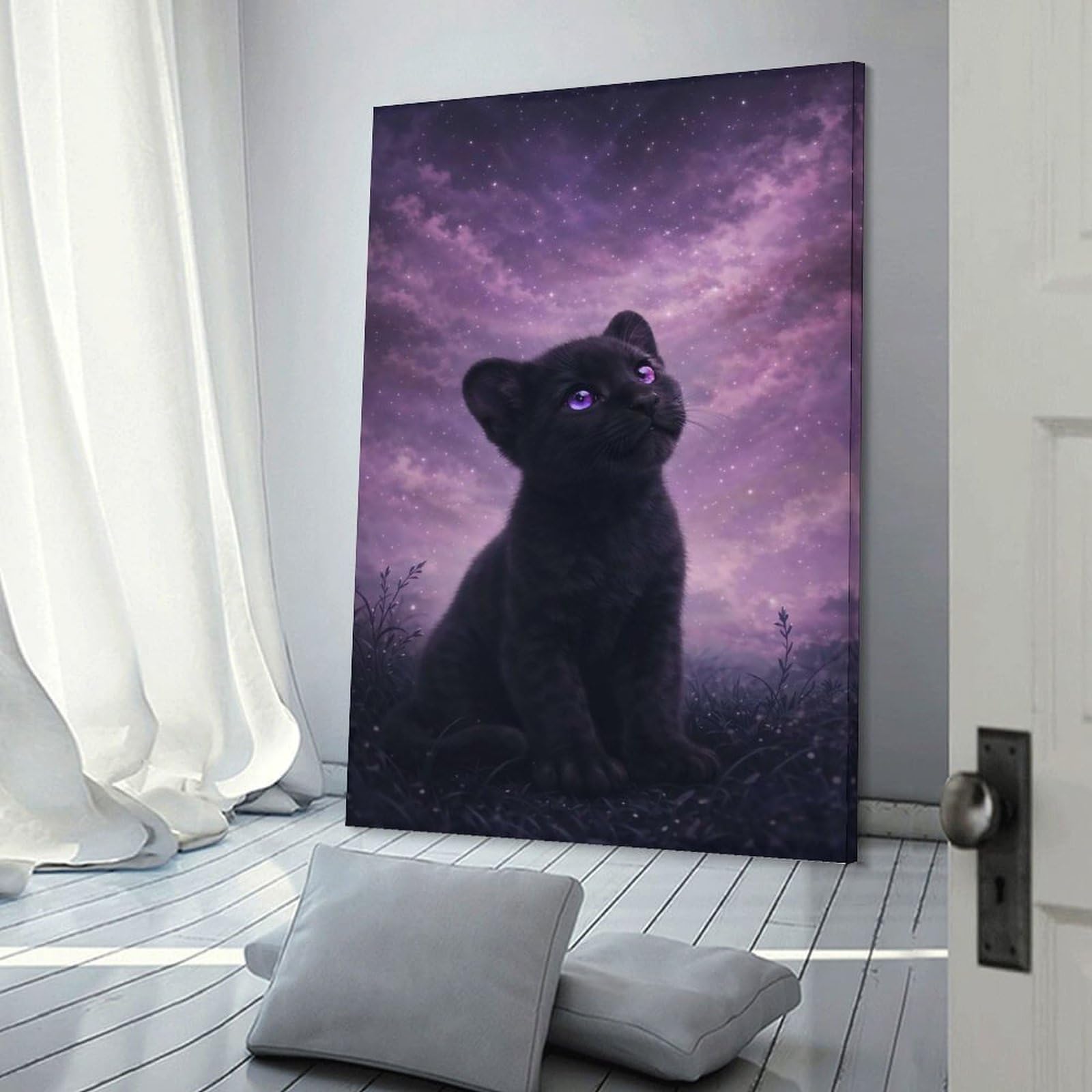 Junmoney Canvas Wall Art Cute Black Panther Kitten Under Starry Sky, 24x36inch(60x90cm), for Bedroom, Guest Room Or Reading Nook, Canvas Wall Decor for Personal Spaces