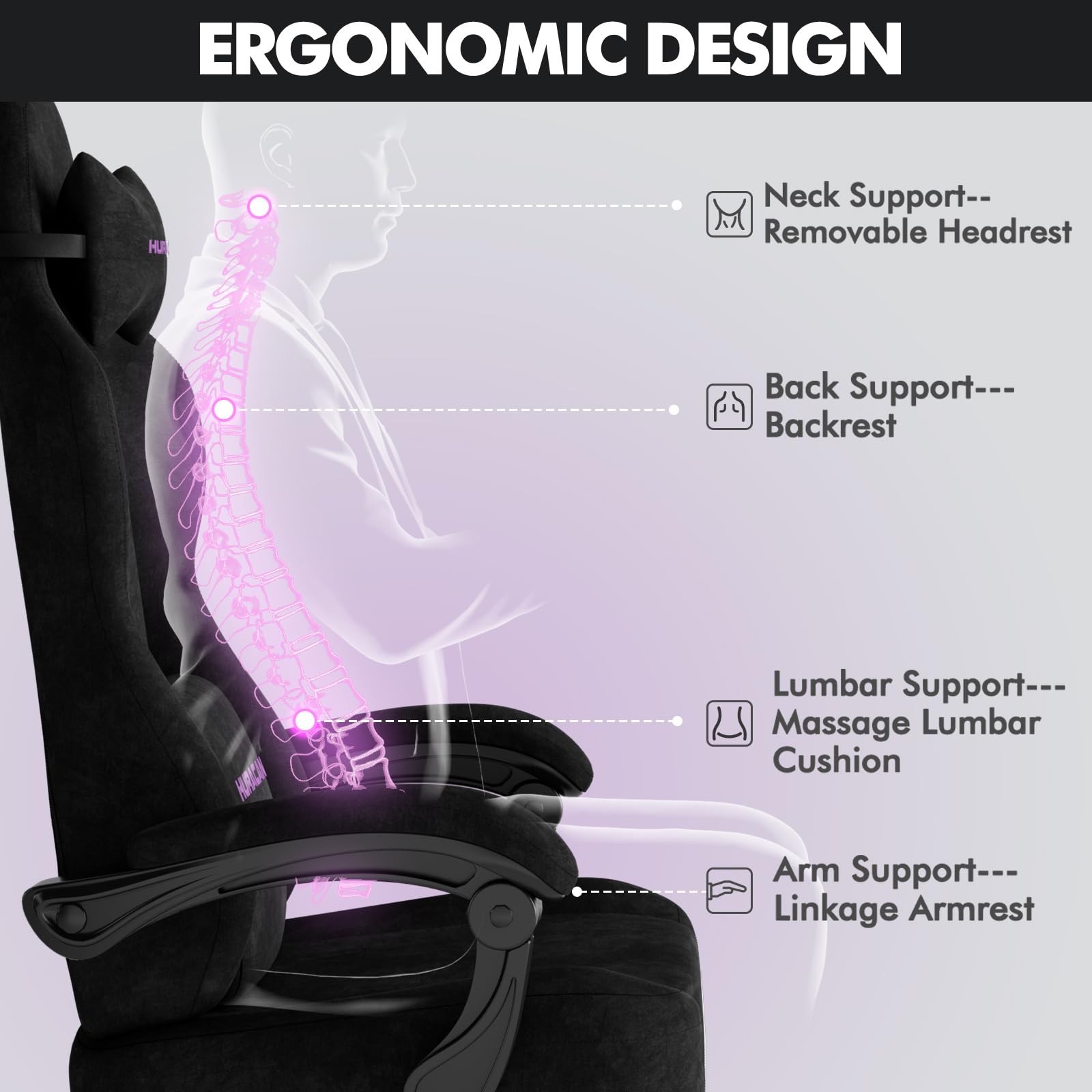 Ferghana Silla Gaming Ergonómica,Silla de Oficina Tela Transpirable,Silla Gamer con Soporte Lumbar Masaje,Asiento Elastico,Reposacabezas,Respaldo Reclinable 90-135°,Regulable en Altura,Negro