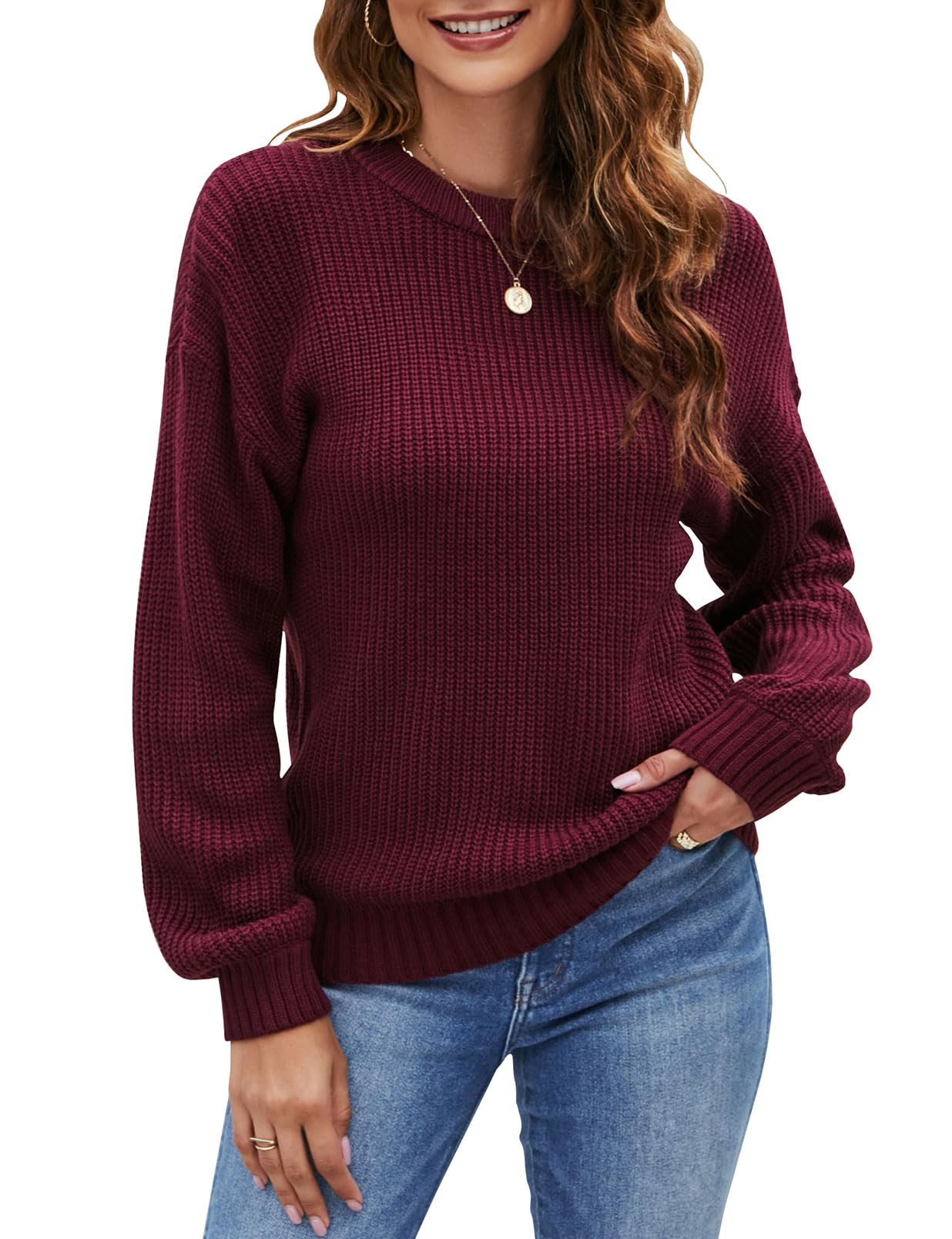 Naggoo Womens Long Sleeve Crew Neck Casual Chunky Knit Pullover Sweaters Tops
