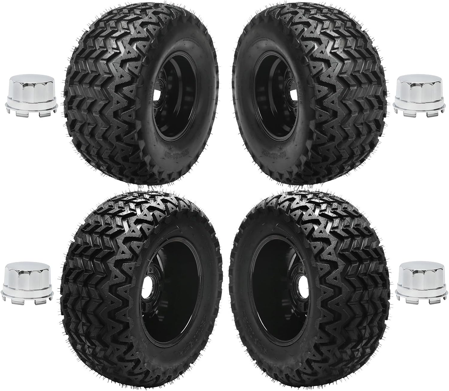 23x10.5-12 & 23x11-10 ATV Wheels and Tires - Go Cart Knobby Tire Tubeless on 4 Lug Aluminum Rim 6PR, with Wheel Center Dust Caps for ATV Golf Cart UTV Go Kart Utility Off-Road Vehicles Lawn Mower
